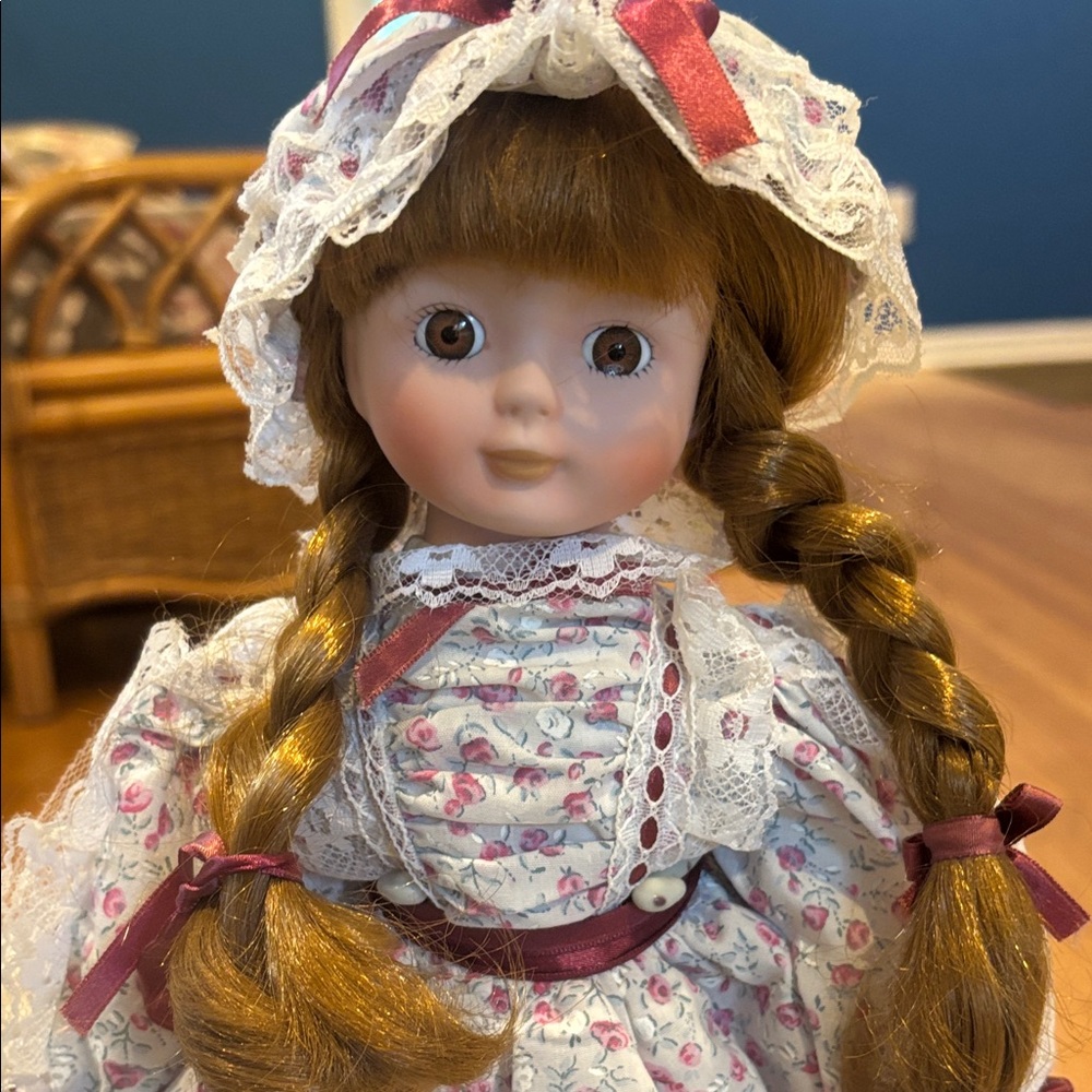Heritage Mint Doll-Porcelain Doll with Braided Hair and Floral Dress